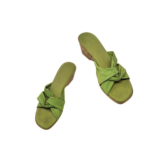 Vtg Handmade Italian Lime Green Vegan Wedge Sandals Sz 10 Knotted Open Toe Resor - Picture 1 of 10